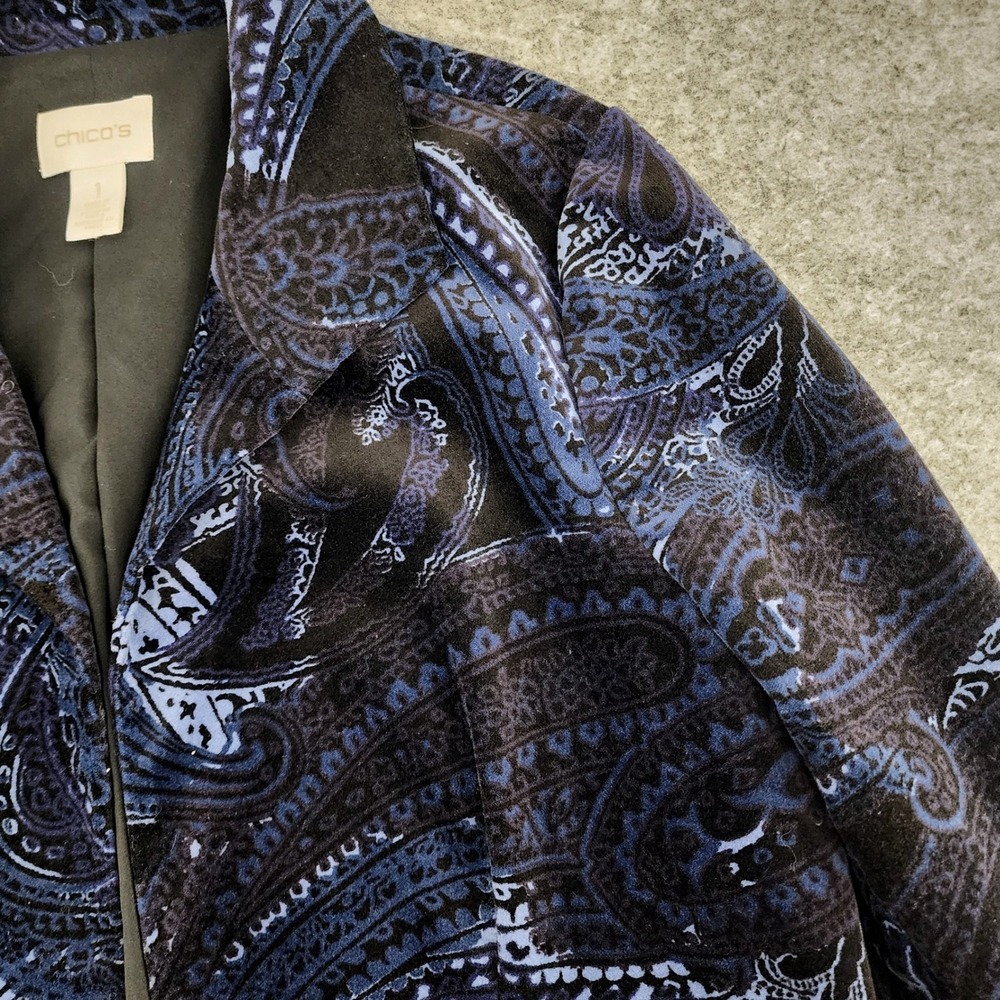 Chicos 1 Blue Black Paisley Velvet Blazer Stretch Career Jacket Womens - Picture 2 of 6